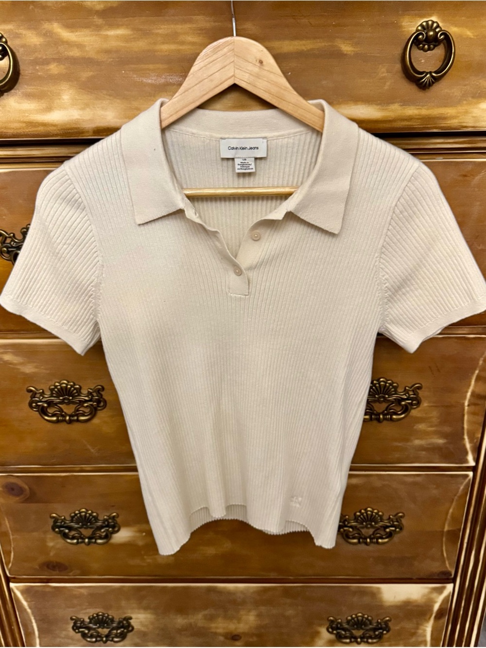 Calvin Klein Jeans Y2K Ribbed Knit Polo Sweater Top Cream Ivory Large